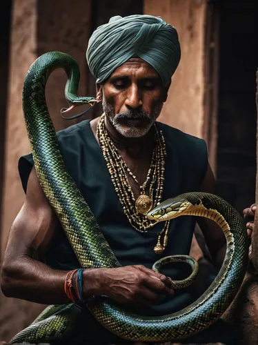 A snake charmer mesmerizes a deadly cobra with haunting melodies.,snake charmers,snake charming,indian cobra,king cobra,emperor snake,serpent,kingsnake,india,african house snake,snake staff,pointed sn