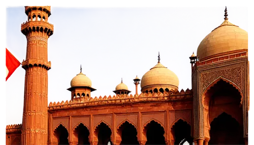 Lahore cityscape, old architecture, Mughal Empire style, intricate stone carvings, arches, domes, minarets, golden hour lighting, warm color tone, 3/4 composition, shallow depth of field, Pakistani fl