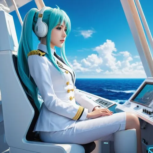 at sea,hatsune miku,cocaptain,arpeggio,hatsune,oceanair,on a yacht,piloting,vocaloid,easycruise,miku,yachtswoman,delta sailor,aboard,emerald sea,marineau,macross,enterprise,boat operator,helmsman,Conceptual Art,Fantasy,Fantasy 03