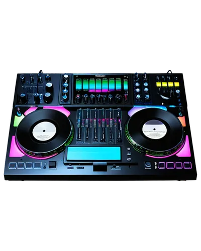 DJ, music equipment, corona sound wave, futuristic neon lights, metallic console, vinyl records, headphones, mixing desk, colorful buttons, flashing LED lights, close-up shot, shallow depth of field, 