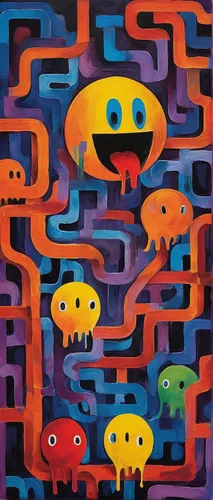 mushroom landscape,multicolor faces,ufos,pac-man,abstract cartoon art,pacman,psychedelic art,mushrooms,lsd,ufo,fishes,alien world,space invaders,aquarium inhabitants,migration,acid,tadpole,school of fish,alien planet,neon ghosts,Conceptual Art,Oil color,Oil Color 25