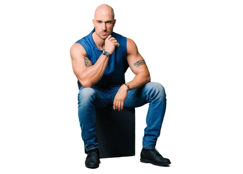 Muscular man, bald head, strong facial features, sharp jawline, piercing blue eyes, thick eyebrows, nose ring, sleeveless shirt, ripped jeans, tattooed arms, crossed legs, sitting, 3/4 composition, dr