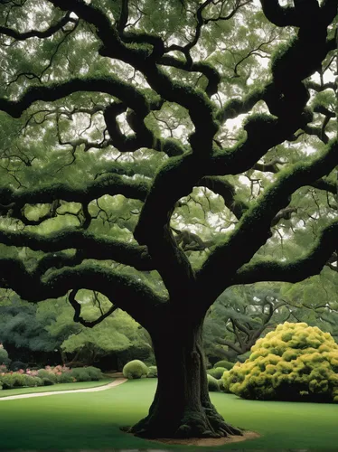 Describe the peaceful beauty of an oak tree in a serene garden.,the japanese tree,japanese maple,maple tree,ornamental tree,flourishing tree,japanese column cherry,japanese garden ornament,oak tree,si