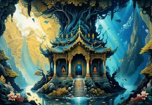 amazing fractal,a painting of a building that is in some water,shambhala,sanctum,background design,fractal environment,thai temple,labyrinthian,water palace,kingdoms,temples,shrines,game illustration,