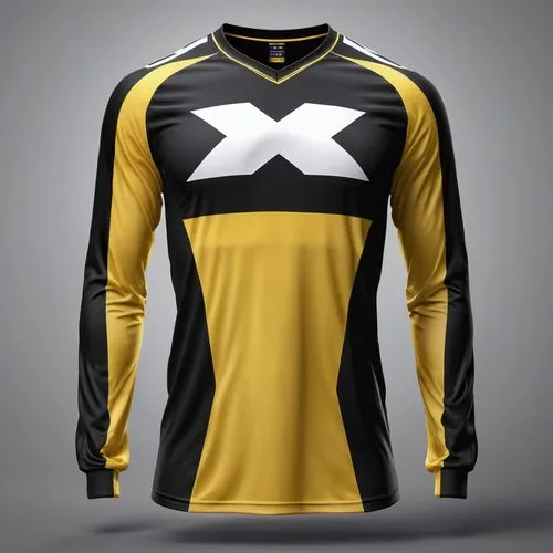 Design a Mockup jersey (long sleeve). The jersey has x men graphics on the front, front position, object floating on a black background,sports jersey,kryptarum-the bumble bee,long-sleeve,bicycle jerse