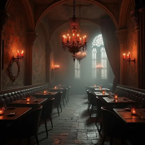 dining room,restaurant bern,ornate room,candlelights,refectory,tavern,restaurant ratskeller,bistro,breakfast room,candelight,victorian room,empty interior,hall of the fallen,chandeliers,ristorante,dandelion hall,a restaurant,rathskeller,restaurant,dining table,Photography,General,Realistic