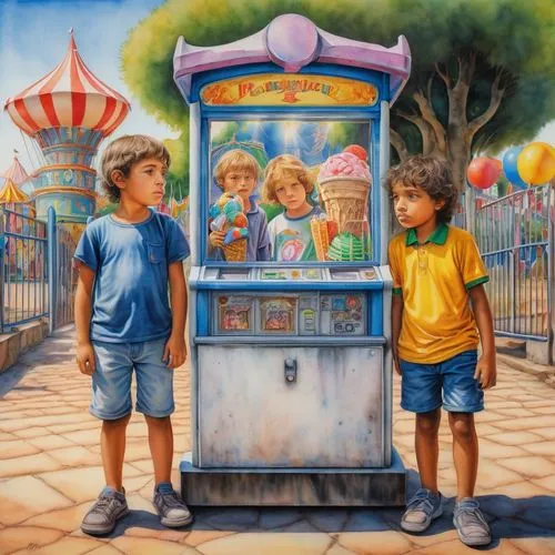 ice cream stand,paletas,ice cream cart,kiosk,carousels,children's ride,Art,Classical Oil Painting,Classical Oil Painting 34