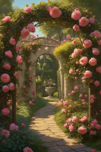 rose arch,way of the roses,landscape rose,pathway,rose drive,rose garden,flower garden,camellias,blooming roses,noble roses,violet evergarden,to the garden,rosebushes,peonies,dandelion hall,tunnel of plants,fairy forest,towards the garden,rosarium,springtime background,Conceptual Art,Fantasy,Fantasy 01