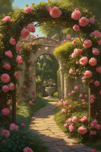 Describe a serene garden of old country roses.,rose arch,way of the roses,landscape rose,pathway,rose drive,rose garden,flower garden,camellias,blooming roses,noble roses,violet evergarden,to the gard