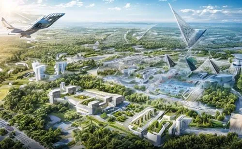 SmartCity ,smart city,futuristic landscape,ecological sustainable development,futuristic architecture,urban development,sky space concept,solar cell base,plant protection drone,aerial landscape,energy