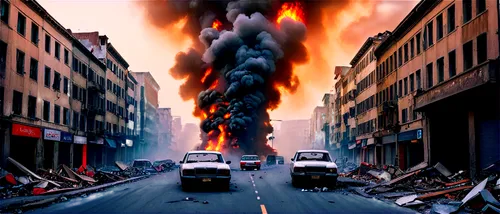 catastrophic scene, destroyed cityscape, dark smoke, flames engulfing buildings, rubble scattered streets, crashed cars, broken glass, debris-filled alleys, abandoned streets, dramatic lighting, cinem