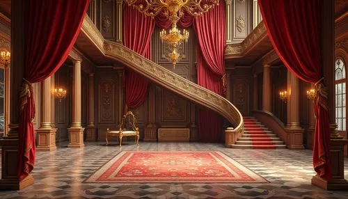 royal interior,ornate room,staircase,crown palace,the throne,entrance hall,europe palace,opulently,victorian room,moritzburg palace,rosenkavalier,opulence,gloriana,theater stage,theater curtain,theatre stage,opulent,four poster,ornate,foyer,Photography,General,Realistic