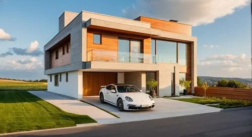 Create an image of a modern home with straight lines and neutral colors. The house is mostly made of concrete but has some details in wood and stone. In the garage, place a beautiful sports car. In th