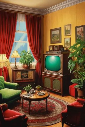 retro television,tv set,cartoon video game background,television,livingroom,vintage wallpaper,magnavox,sitting room,living room,scummvm,playing room,tv cabinet,televisions,victorian room,game room,apartment lounge,mid century,tv,vintage theme,mid century modern,Illustration,Realistic Fantasy,Realistic Fantasy 06