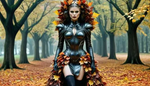 witchblade,seelie,fantasy woman,autumn background,dryad,autumn theme,the enchantress,enchantress,swath,hela,sorceress,melisandre,dark elf,mabon,bodypainting,fantasy picture,fantasy art,illyria,scarlet witch,warrior woman,Conceptual Art,Sci-Fi,Sci-Fi 02