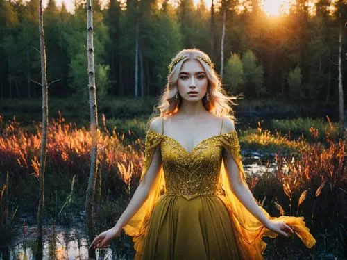 Dawn at the Marshes, sunrise, golden hour, beautiful colors.,kupala,vasilisa,eilonwy,girl in a long dress,the night of kupala,seelie,galadriel,ellinor,the blonde in the river,fairie,gunhild,ballerina 