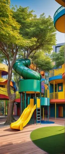 Colorful kindergarten, vibrant exterior walls, bright yellow entrance door, curved lines, playful rooftop design, slide and climbing facilities, greenery walls, large windows, natural light, wooden fl