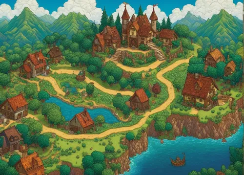 fairy village,escher village,moc chau hill,cartoon forest,aurora village,popeye village,monkey island,dragon bridge,cartoon video game background,river course,fantasy world,merida,the valley of the,hiking path,knight village,mountain village,the mystical path,fairy world,rainbow world map,villages,Illustration,Retro,Retro 01