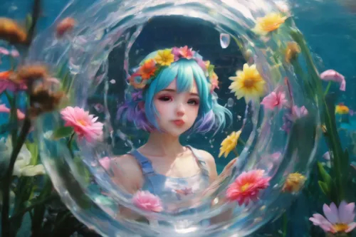 underwater background,lensball,flower water,3d fantasy,water flower,hatsune miku,flower fairy,芦ﾉ湖,sea of flowers,mermaid background,fairy world,aqua,water rose,girl in flowers,bubble,water nymph,water