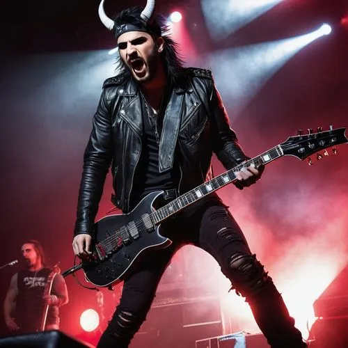 Heavy metal musician, male, aggressive posture, black leather jacket, ripped jeans, black boots, silver studded belt, devil horns headband, intense facial expression, dark eye makeup, messy black hair