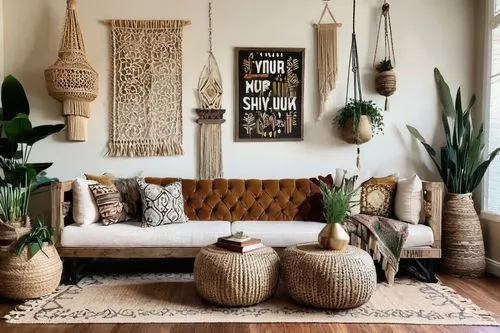 Bohemian chic living room, vintage distressed wooden floor, eclectic mix of antique and modern furniture, plush Moroccan-inspired ottoman, macrame wall hanging, woven rattan coffee table, pampas grass