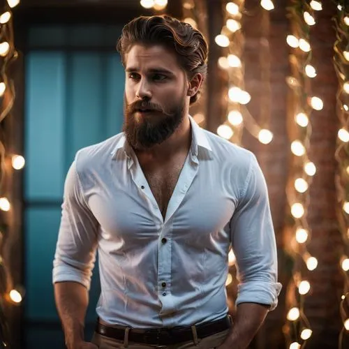 suspenders,dress shirt,beard,bearded,male model,sweater vest,gosling,cravat,undershirt,chest hair,white shirt,sleeveless shirt,men's wear,lumberjack,shia,men clothes,bolero jacket,lincoln blackwood,in a shirt,fidel alejandro castro ruz,Photography,General,Cinematic