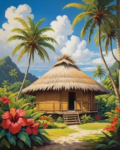 tropical house,tahiti,tropical island,coconut trees,polynesian,luau,tropical beach,hawai,coconut tree,polynesia,kanaloa,pantropical,landscape background,tropicale,moorea,palapa,polynesians,coconut palm tree,coconut palm,beach landscape,Art,Artistic Painting,Artistic Painting 27