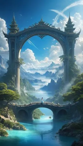 dragon bridge,fantasy landscape,rainbow bridge,fantasy picture,landscape background,heaven gate,Conceptual Art,Fantasy,Fantasy 11