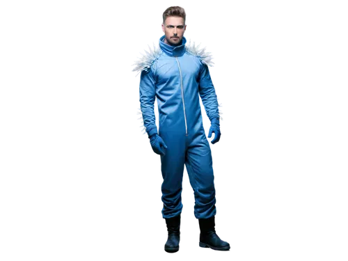 Freezer man, muscular body, strong facial features, short spiky hair, icy blue eyes, rugged beard, wearing freezer suit, silver gloves, thick boots, standing heroically, dynamic pose, low-angle shot, 