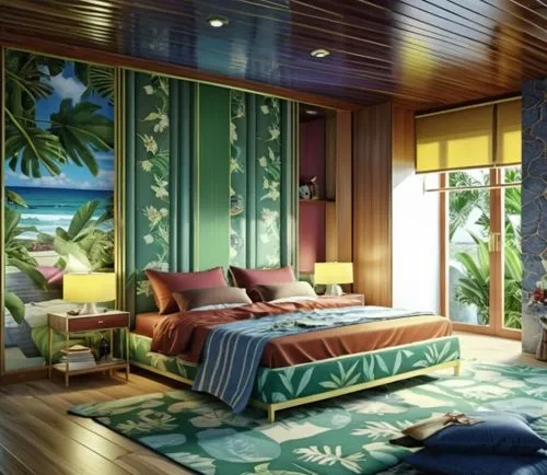 a bedroom has wallpaper and flooring with palm trees on it,sleeping room,over water bungalow,japanese-style room,staterooms,tropical house,stateroom,Photography,General,Realistic