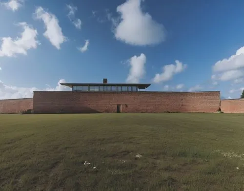 the sky is very blue and partly cloudy over a building,cahokia,moundville,majdanek,chlumec,citadel hill,remota,3d rendering,adjaye,terezin,military fort,nalanda,pachacamac,mithraeum,dunes house,render