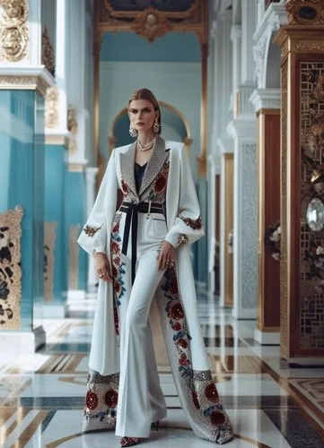 Fashion show ,a woman wearing white outfits in an elegant corridor,imperial coat,romanov,ceremonials,viceroy,caligula,grimes,Photography,General,Realistic