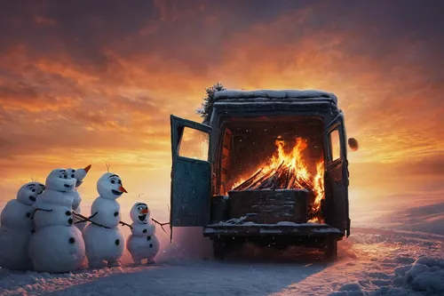 Depict Olaf's sorrow as he melts away, bidding farewell to his friends for the last time.,christmas caravan,snowmen,snowhotel,winter service,christmas travel trailer,snowman marshmallow,log fire,warm 