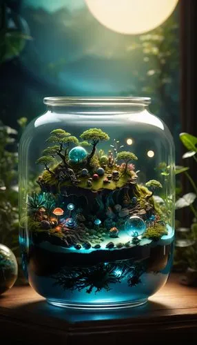 an elegant and minimalist glass jar filled with a miniature ecosystem, planets and advanced spaceships, in the style of luminous 3d objects, dreamlike horizons, uncanny valley realism, sunrays shine u