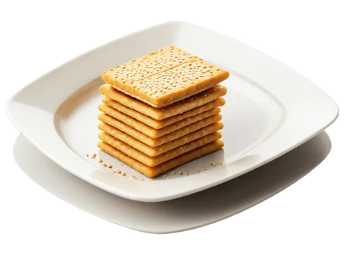 Golden biscuit crackers, stack of 5, crispy texture, scattered sesame seeds, square shape, white plate, afternoon sunlight, shallow depth of field, soft focus, warm color tone, 3/4 composition.,parmes