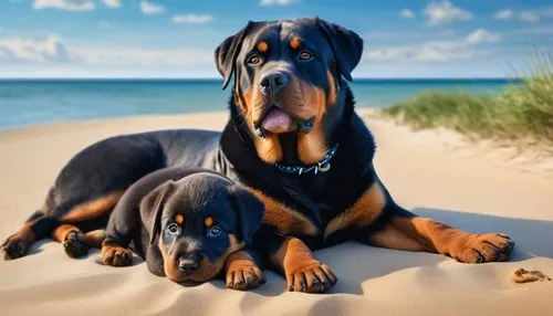 a rotweiler and her puppy lying on the sea sand, beautiful blue sky.,dobermann,greater swiss mountain dog,doberman,black and tan coonhound,rottweiler,gordon setter,giant dog breed,bloodhound,austrian 