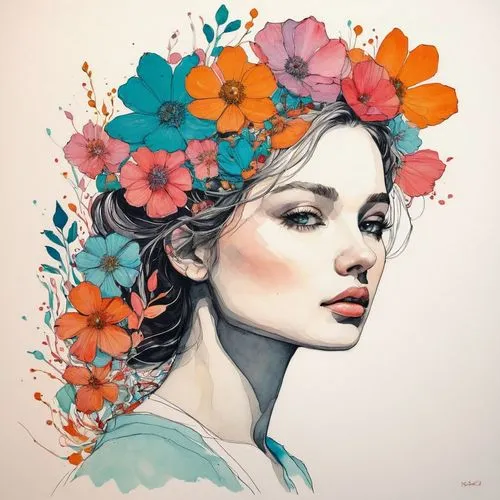 girl in flowers,heatherley,kommuna,viveros,boho art,etty,Illustration,Paper based,Paper Based 19