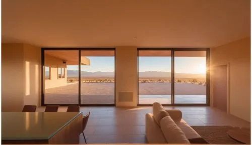 The view from the window is a desert view. Note that there is an access path along the house - large stepping stones. It is sunset time.,the large living room features glass walls and floor to ceiling