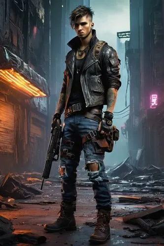 Cyberpunk nomad, male, 25yo, muscular, messy short hair, goggles on forehead, scar above left eyebrow, tribal tattoos on arms, leather jacket, torn denim pants, heavy boots, utility belt with pouches,