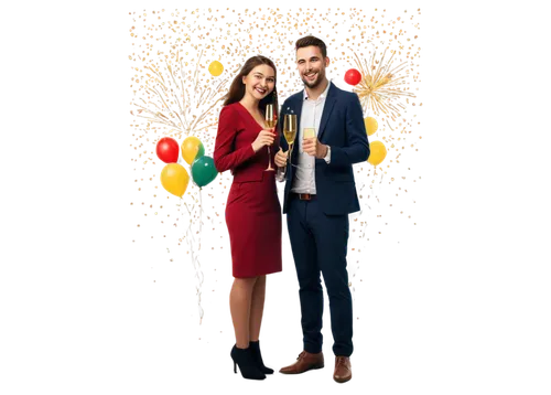 New Year's greeting card, festive atmosphere, colorful fireworks, sparklers, champagne bottle, golden confetti, red and gold balloons, shiny decorations, beautiful smile, happy couple, romantic hug, w