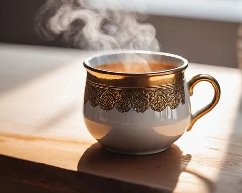 Ceramic mug, ornate handles, golden rim, delicate curves, morning sunlight, wooden table, warm lighting, cozy atmosphere, steam rising from hot coffee, subtle shadows, shallow depth of field, creamy w