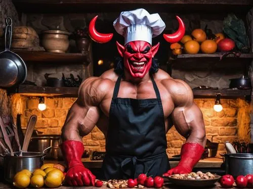 Devil fruit maker, muscular man, apron, chef hat, evil grin, sharp eyes, black hair, bushy eyebrows, red skin tone, demonic horns, pointed tail, holding devil fruit, standing in a dimly lit kitchen, s