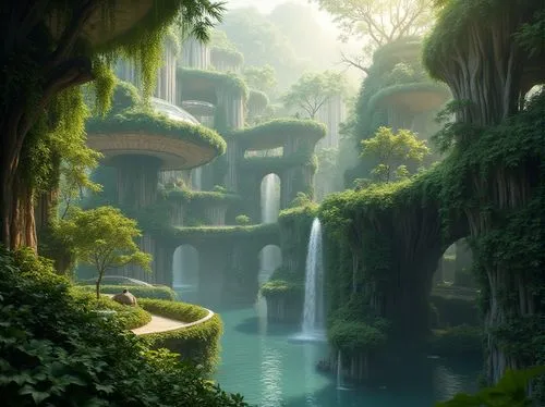 fantasy landscape,green waterfall,rivendell,futuristic landscape,waterfalls,rainforest,shaoming,yavin,mushroom landscape,rainforests,waterfall,elven forest,ancient city,rain forest,tropical forest,green forest,fantasy picture,moss landscape,karst landscape,skylands,Photography,General,Realistic