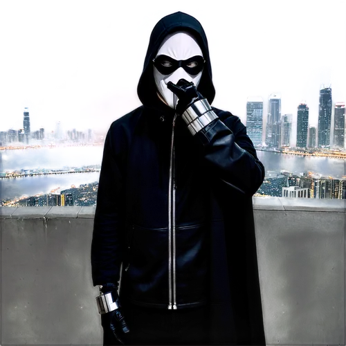 Masked person, mysterious figure, solo, black cloak, hoodie, anonymous, dark glasses, silver zipper, black leather gloves, standing, night scene, cityscape, skyscraper, misty atmosphere, cinematic com