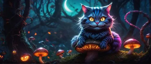 Twisted Wonderland, Cheshire Cat, mysterious smile, glowing eyes, striped fur, mischievous posture, sitting on a mushroom, surrounded by twisted vines, eerie fog, dark trees with glowing mushrooms, cr