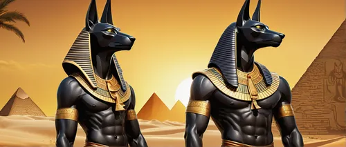 Egyptian god Anubis, standing pose, jackal head, muscular build, ancient Egyptian attire, gold and black color scheme, holding scales, collection of canopic jars, hieroglyphics, desert background, pyr