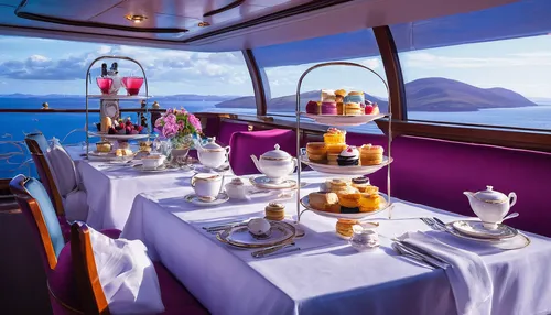 breakfast on board of the iron,tea service,high tea,afternoon tea,on a yacht,cream tea,royal yacht,luxury yacht,breakfast room,floating restaurant,sea fantasy,luxury,breakfast hotel,tea time,fine dining restaurant,dessert station,tearoom,breakfast buffet,breakfast menu,british tea,Conceptual Art,Sci-Fi,Sci-Fi 22