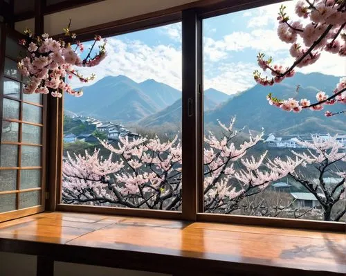 japan's three great night views,japanese-style room,beautiful japan,window view,plum blossoms,spring in japan,apricot blossom,japanese cherry blossoms,japan landscape,japanese mountains,japanese cherry trees,japanese cherry blossom,cherry blossom japanese,sakura blossoms,japanese sakura background,wooden windows,sakura trees,japanese floral background,ryokan,bedroom window,Unique,Design,Character Design