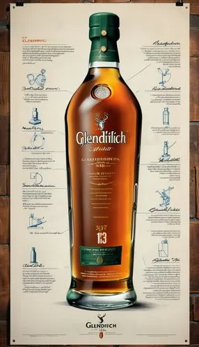 an industrial design sketch of a beautiful Glenfiddich 1937 ancient bottle, movie poster advertising (construction plan) modern style with some advertising notices,  frozen effect, movie poster  award