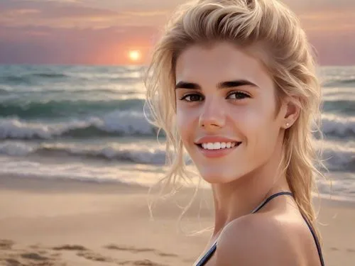 justin bieber is a woman, wearing a triangle bikini, stands with her back to the setting sun on a beach, looking over her shoulder at the camera.
The woman's perfect form is etched against the canvas 